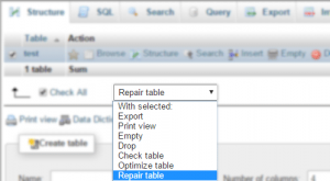 Repair Table option selected in phpMyAdmin